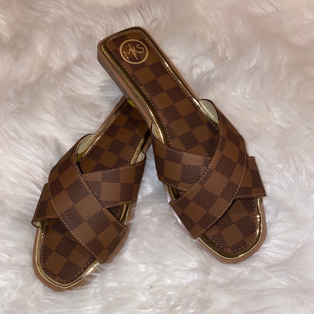 NWOT Brown Damier print slider sandals 9